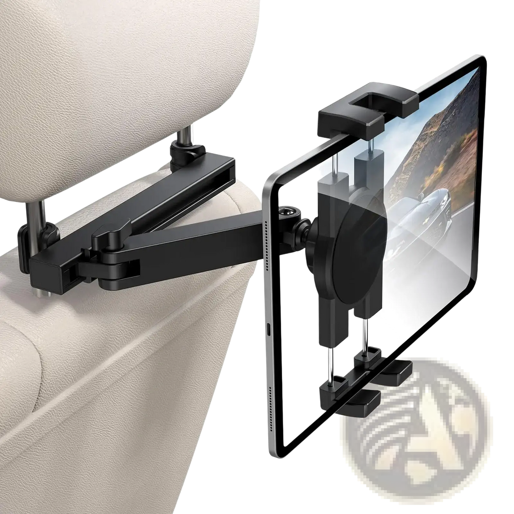 Black adjustable car headrest tablet mount securely holding a slim-profile device for hands-free use in vehicles