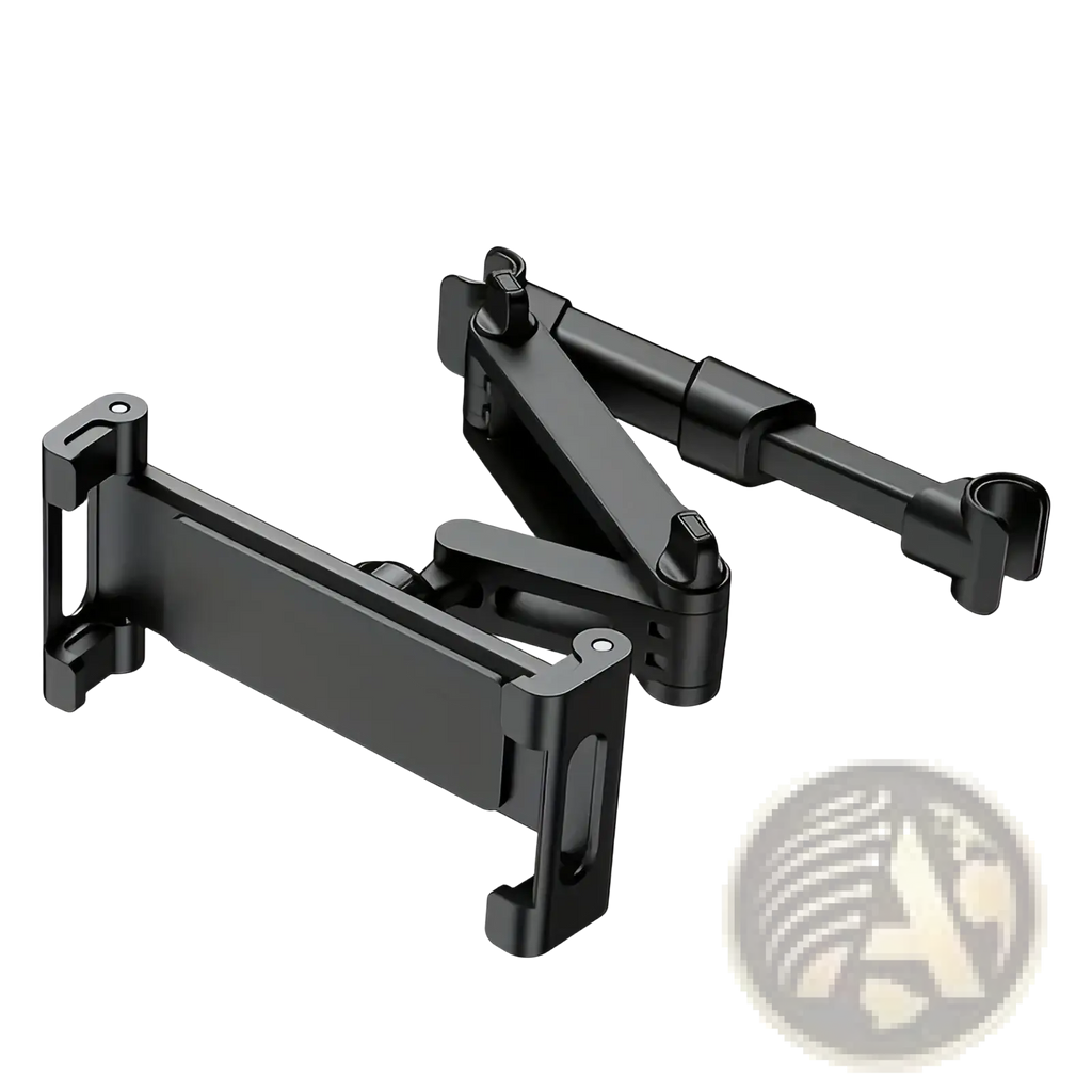 Black adjustable car headrest tablet mount with articulated arms and clamp for devices 5 to 12.9 inches