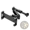 Black adjustable car headrest tablet mount with articulated arms and clamp for devices 5 to 12.9 inches