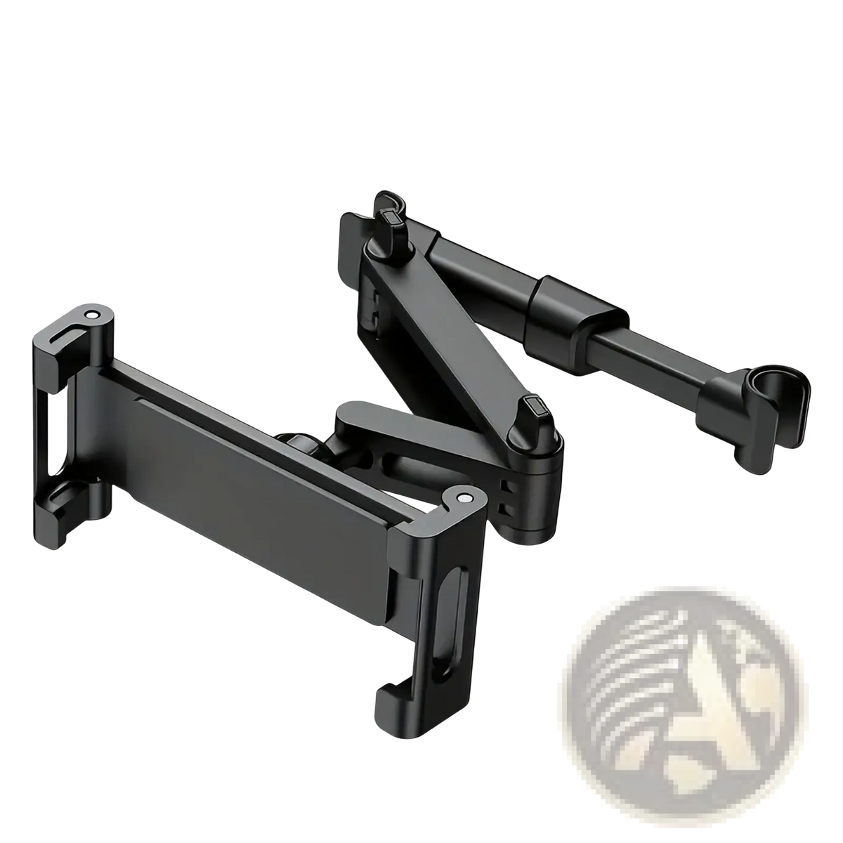 Black adjustable car headrest tablet mount with articulated arms and clamp for devices 5 to 12.9 inches
