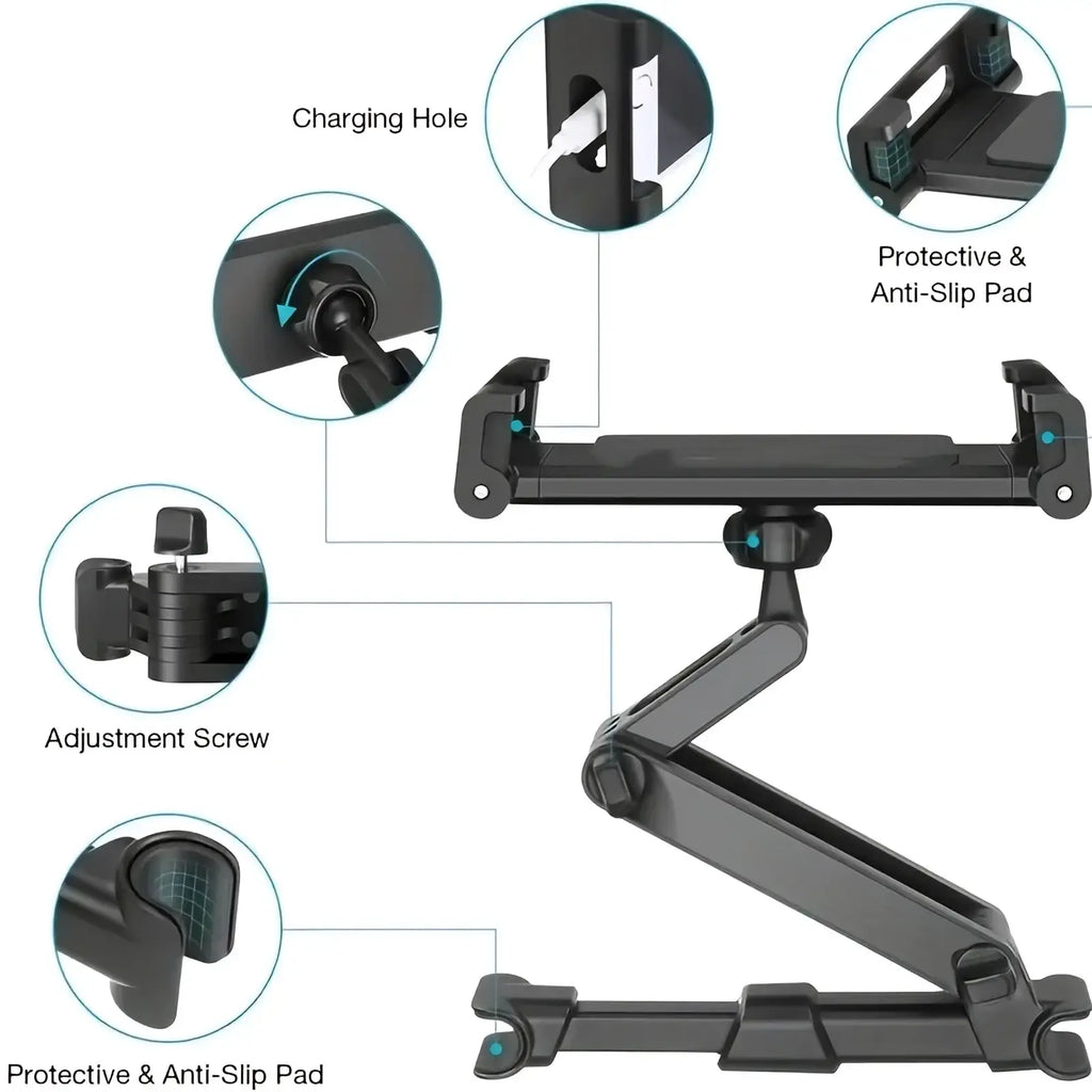 Black adjustable car headrest tablet stand with anti slip pads and charging hole for 5 to 12.9 inch devices