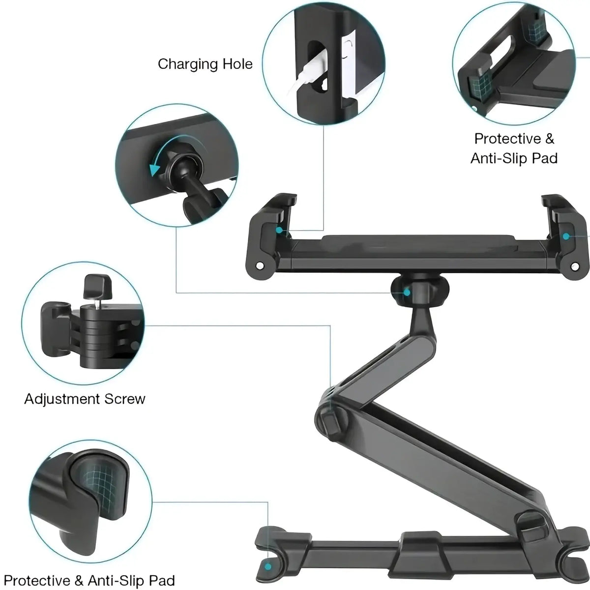 Black adjustable car headrest tablet stand with anti slip pads and charging hole for 5 to 12.9 inch devices