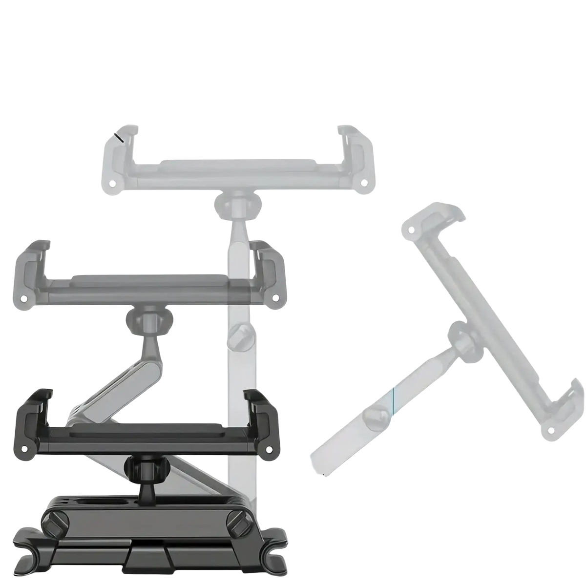 Adjustable black tablet stand with multi-angle support and height settings for car headrest mount 5 to 12.9 inches