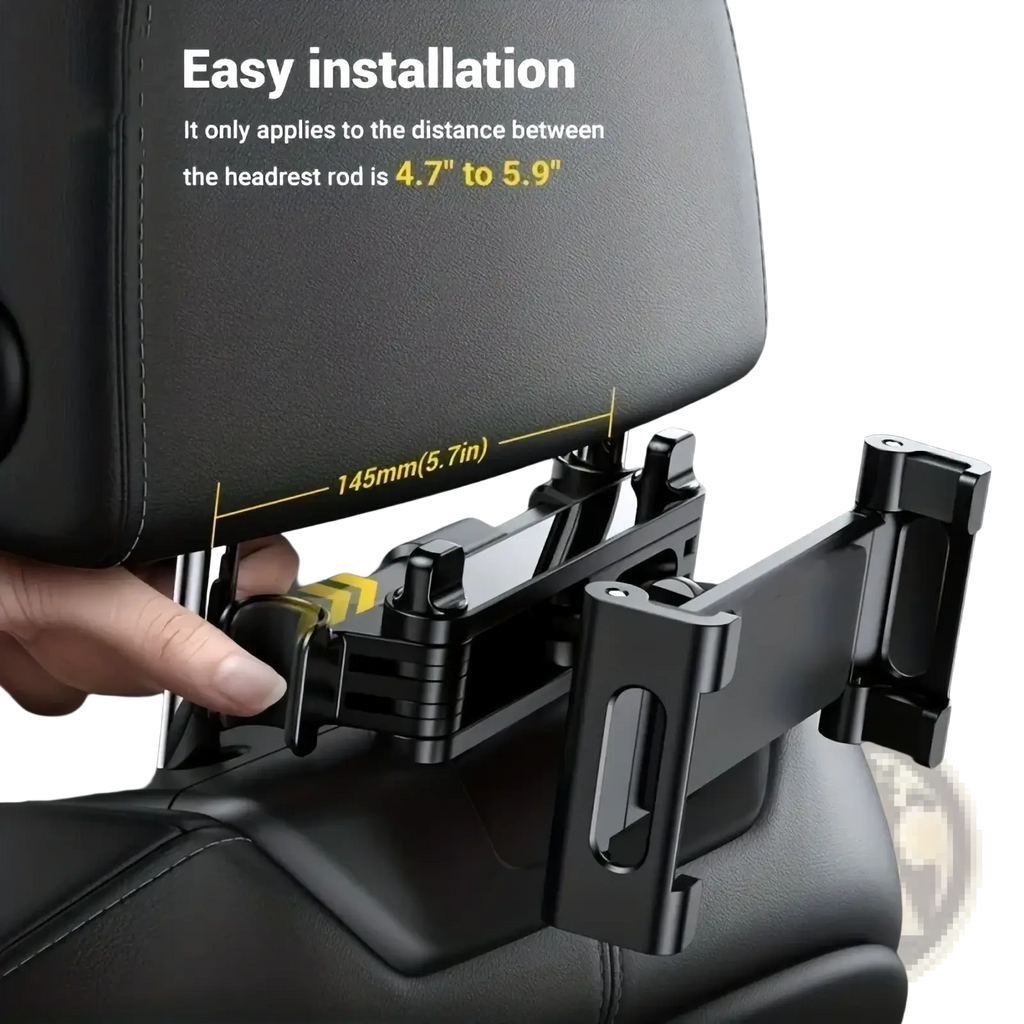 Black metal car headrest tablet mount with adjustable arms and clamps fits 5 to 12.9 inches devices