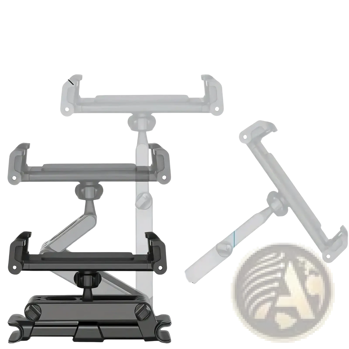 Adjustable black tablet stand with multi-angle support and height settings for car headrest mount 5 to 12.9 inches