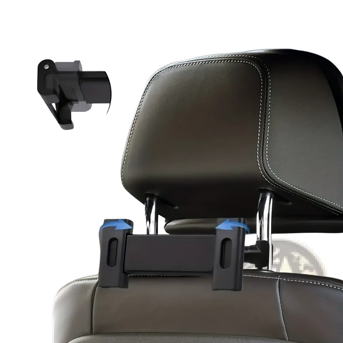 Black plastic car headrest tablet mount with adjustable clamps and sleek minimalist design for 5 to 12.9 inch devices