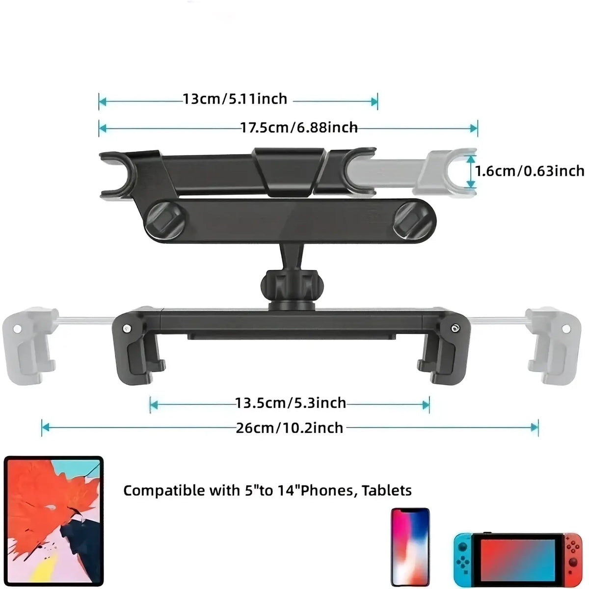 Black plastic car headrest tablet mount with adjustable arms and clamps holding 5 to 14 inch devices