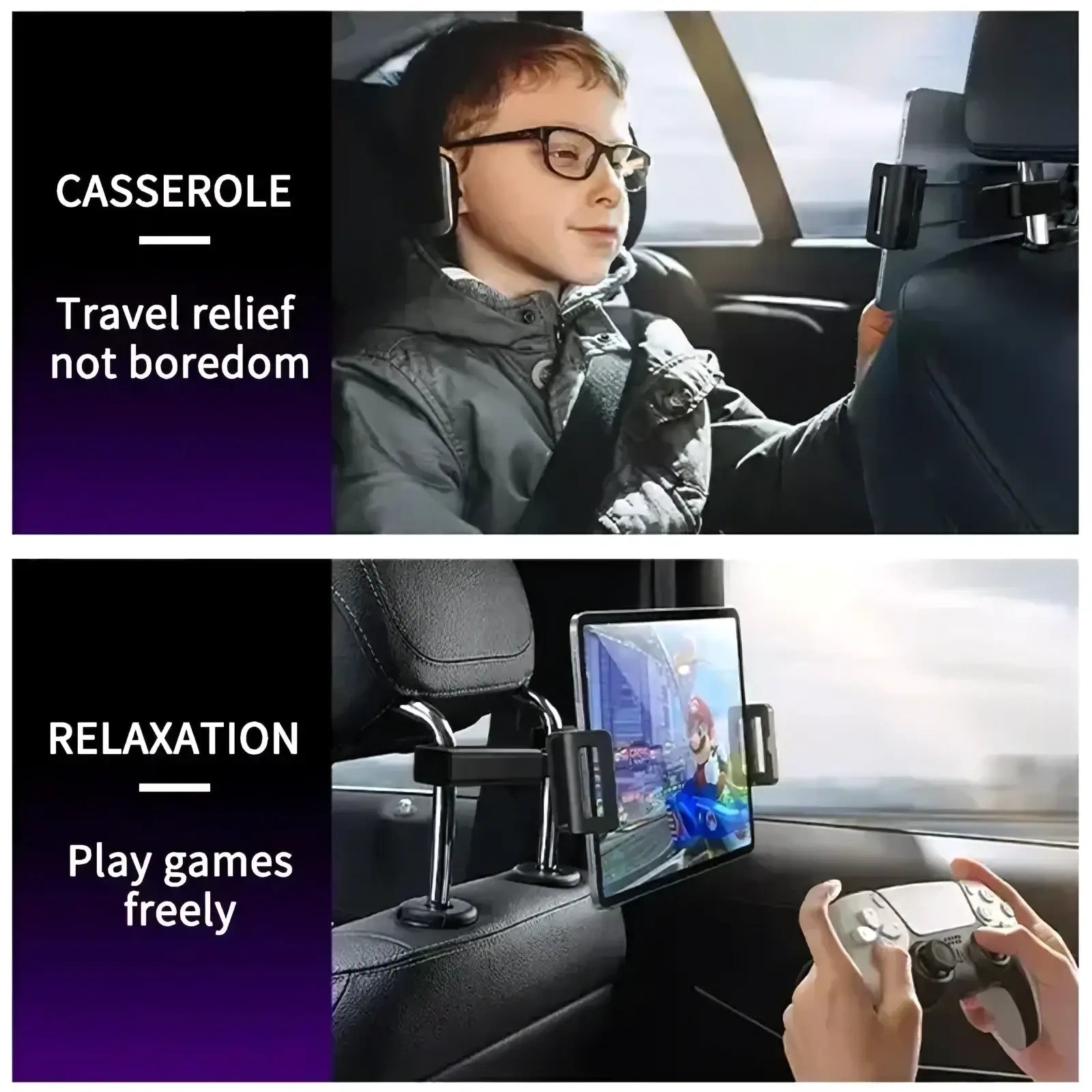 Black car headrest tablet mount holder securely holding a tablet in landscape for back seat use