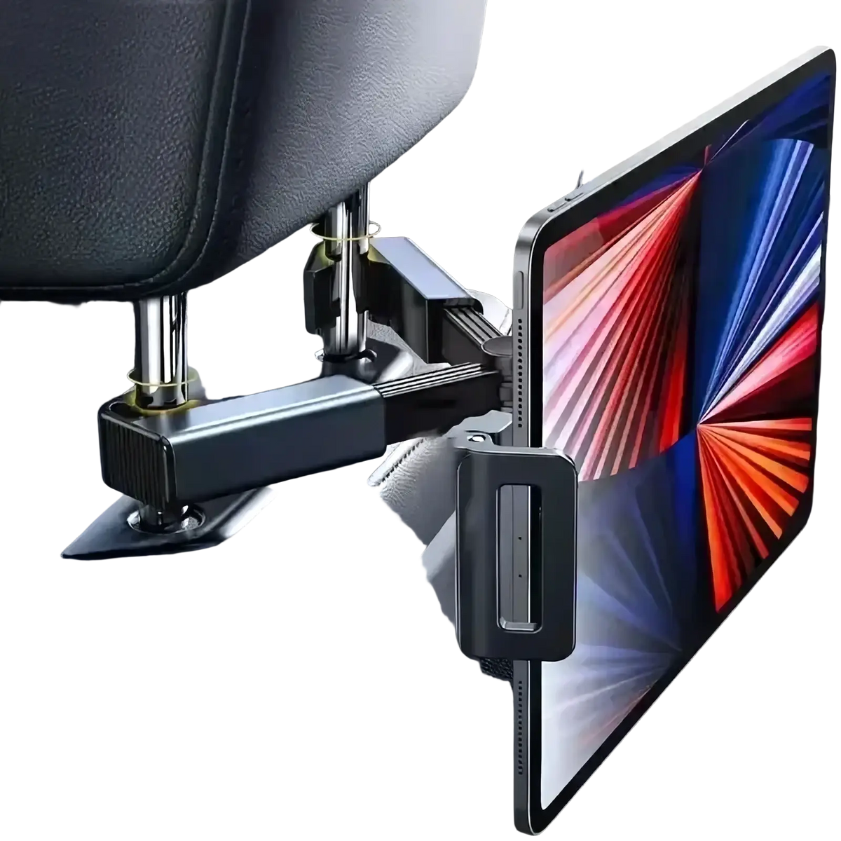 Black adjustable car headrest tablet mount holder securely gripping a sleek modern ipad for back seat use