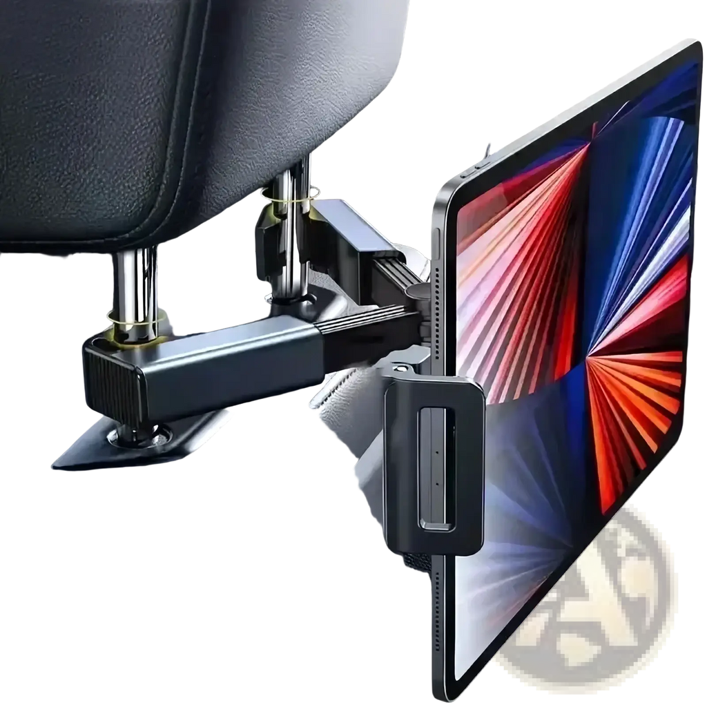 Black adjustable car headrest tablet mount holder securely gripping a sleek modern ipad for back seat use