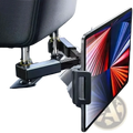 Black adjustable car headrest tablet mount holder securely gripping a sleek modern ipad for back seat use