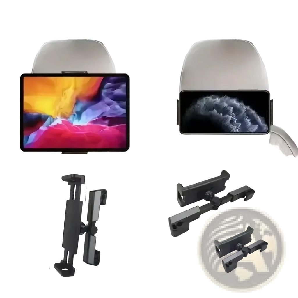 Black plastic car headrest tablet mount holder showing the back side for secure use in back seat entertainment