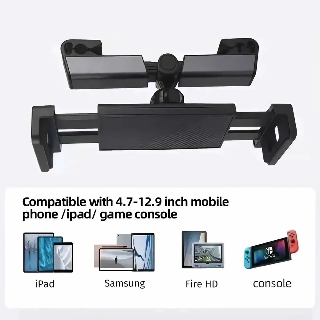 Black plastic car headrest tablet mount holder with adjustable arms for secure back seat tablet and game console use