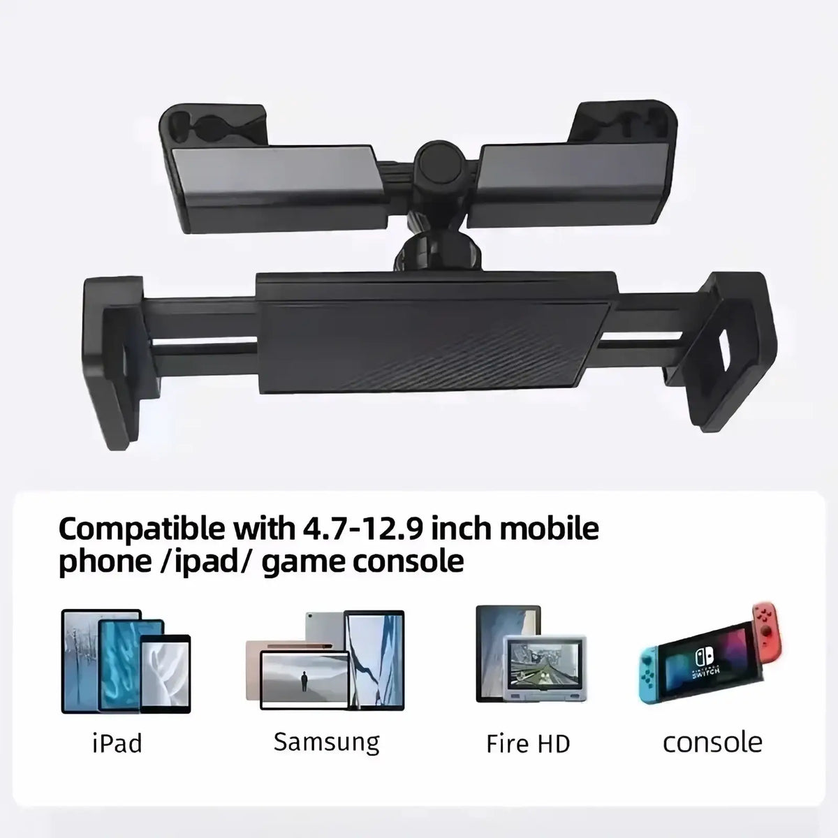 Black plastic car headrest tablet mount holder with adjustable arms for secure back seat tablet and game console use