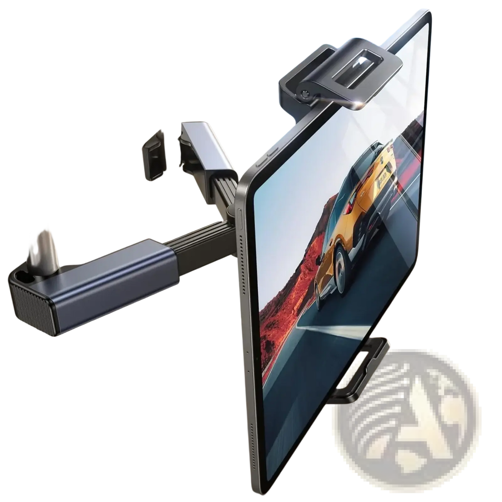 Black and silver car headrest tablet mount holder showing the back side for secure use in back seat entertainment