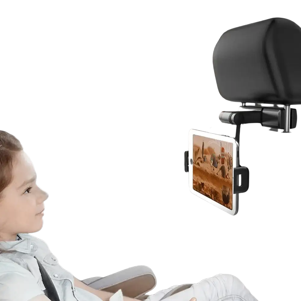 Black car headrest tablet mount holder showing back side securing a white tablet for backseat ipad use
