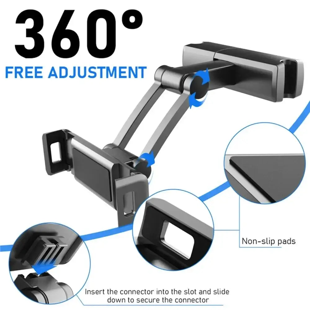 Black adjustable car headrest tablet mount holder with non-slip pads and 360-degree rotation for backseat use