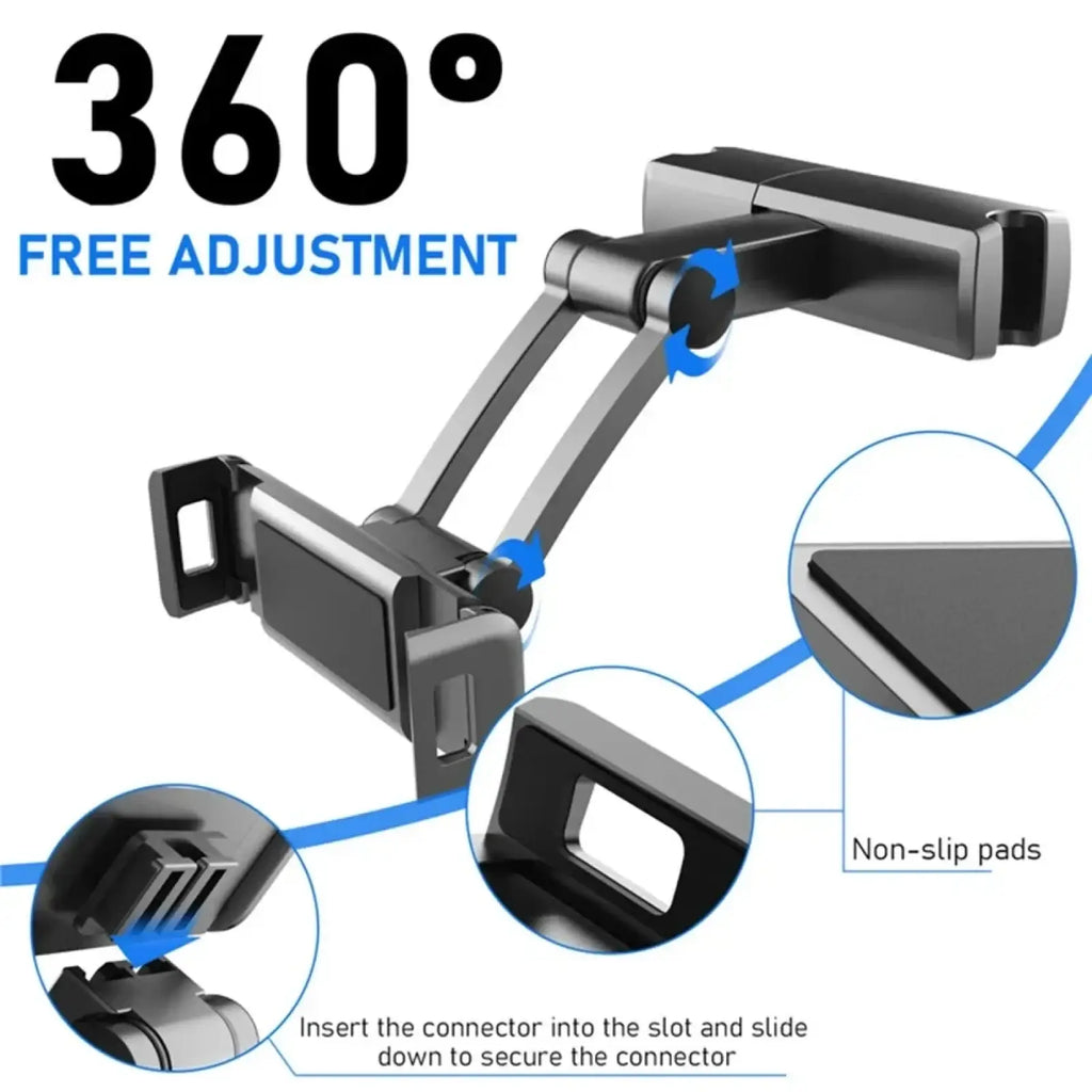 Black adjustable car headrest tablet mount holder with non-slip pads and 360-degree rotation for backseat use