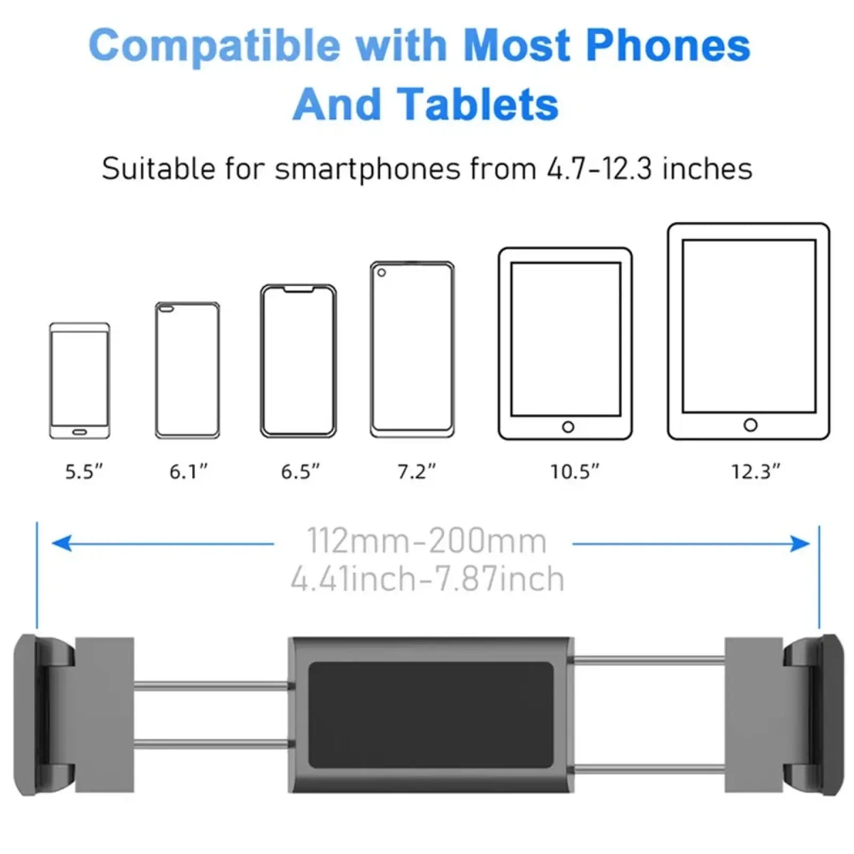 Gray adjustable phone and tablet stand with central clamp mechanism for car headrest tablet mount holder for backseat ipad