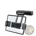 Black plastic car headrest tablet mount holder with adjustable arms and clamp for backseat ipad use shown from back side