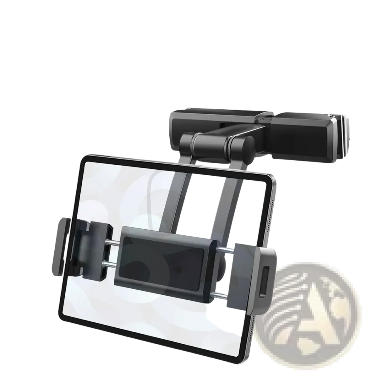 Black plastic car headrest tablet mount holder with adjustable arms and clamp for backseat ipad use shown from back side