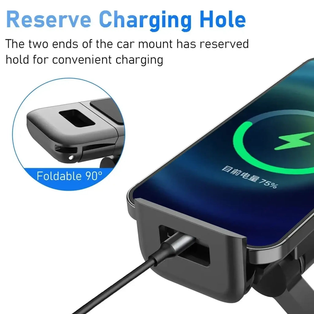 Black plastic car headrest tablet mount holder with foldable 90-degree design and charging hole for wireless charging