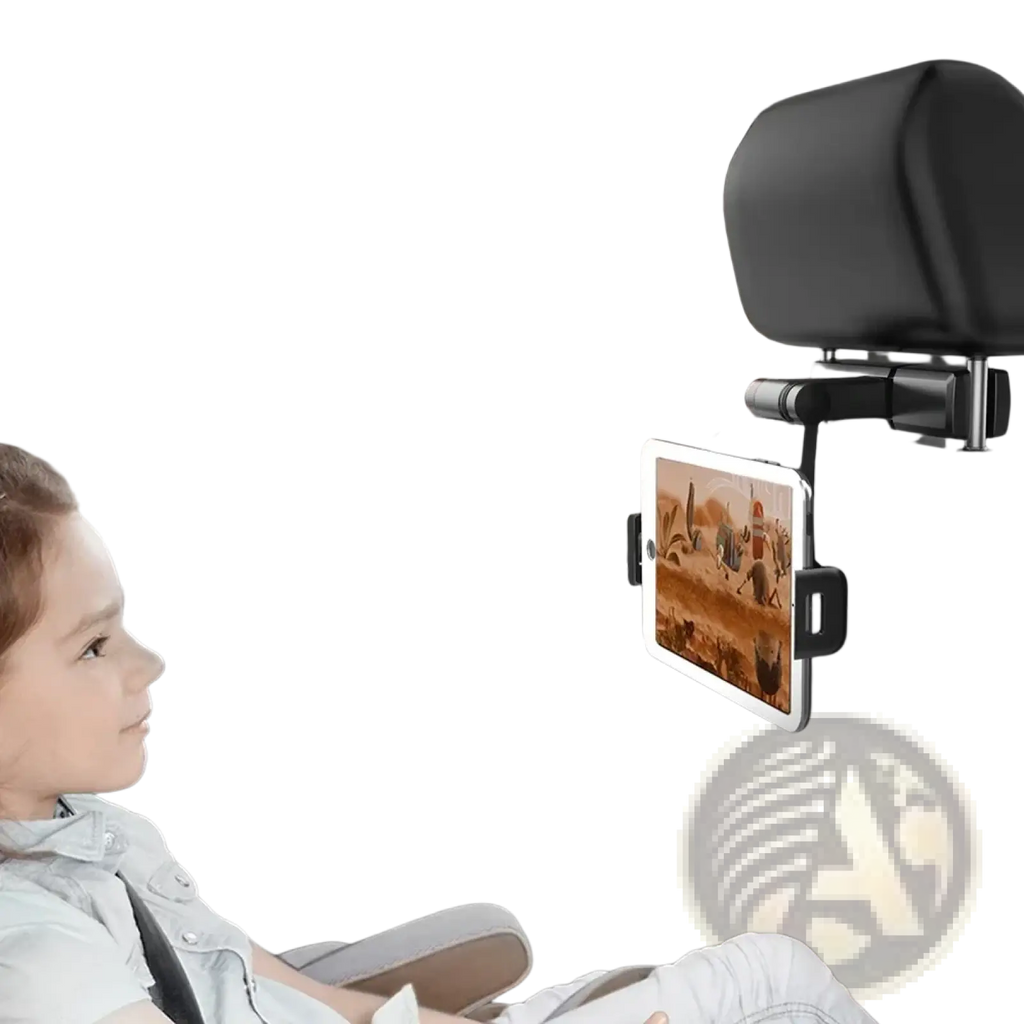 Black car headrest tablet mount holder showing back side securing a white tablet for backseat ipad use
