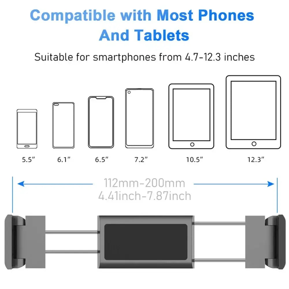 Gray adjustable phone and tablet stand with central clamp mechanism for car headrest tablet mount holder for backseat ipad