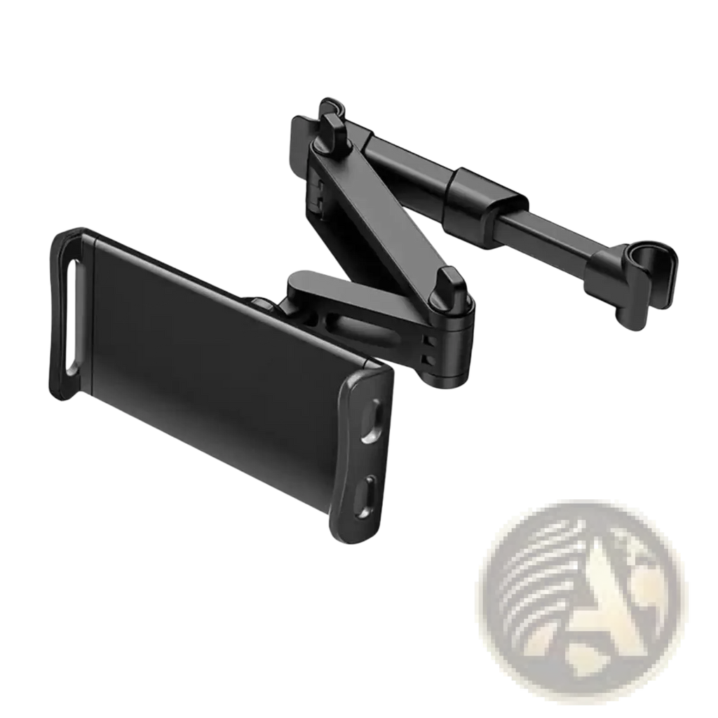 Black adjustable car headrest tablet mount holder with sleek articulated arm design for secure device placement