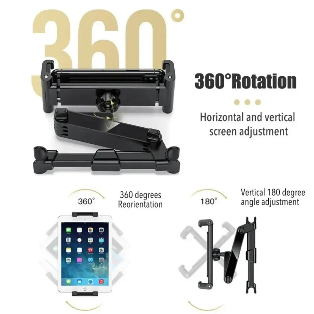 Black adjustable car headrest tablet mount holder with 360-degree rotation and vertical 180-degree angle adjustment