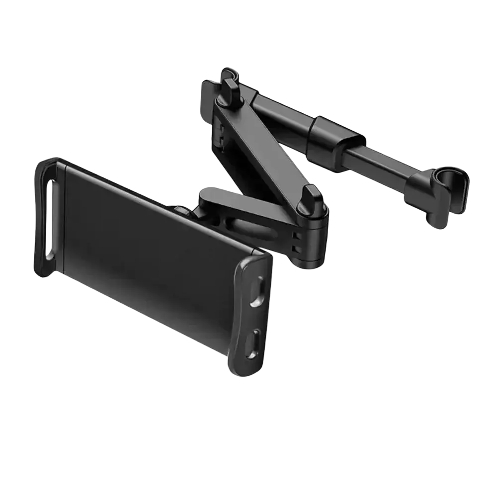 Black adjustable car phone mount with articulated arm and clamp designed for car headrest tablet holder use