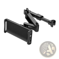 Black adjustable car phone mount with articulated arm and clamp designed for car headrest tablet holder use