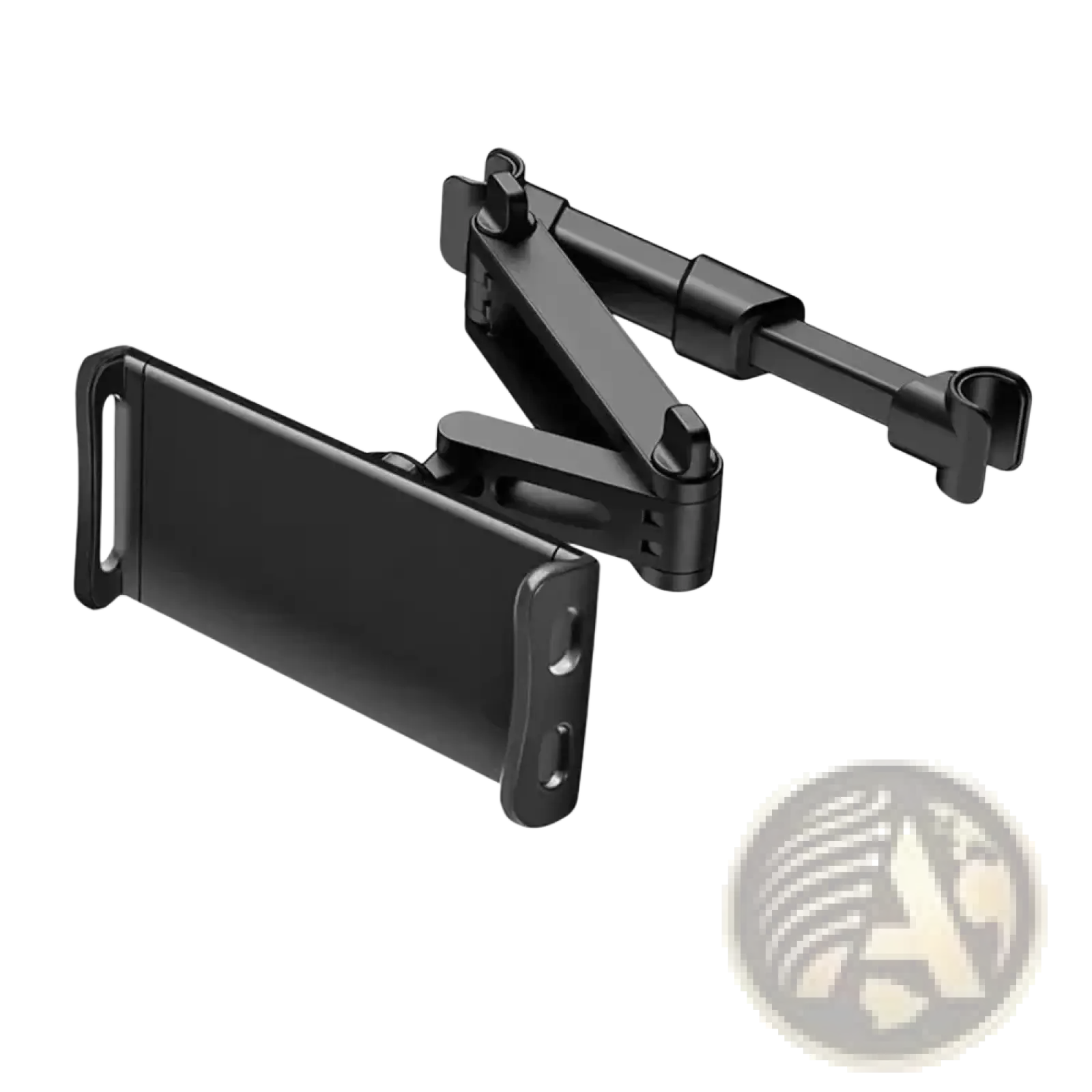 Black adjustable car phone mount with articulated arm and clamp designed for car headrest tablet holder use