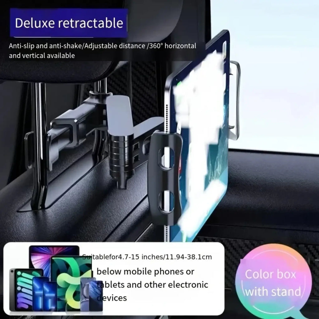 Black deluxe retractable car phone holder with adjustable anti-slip design for secure device mounting on headrest