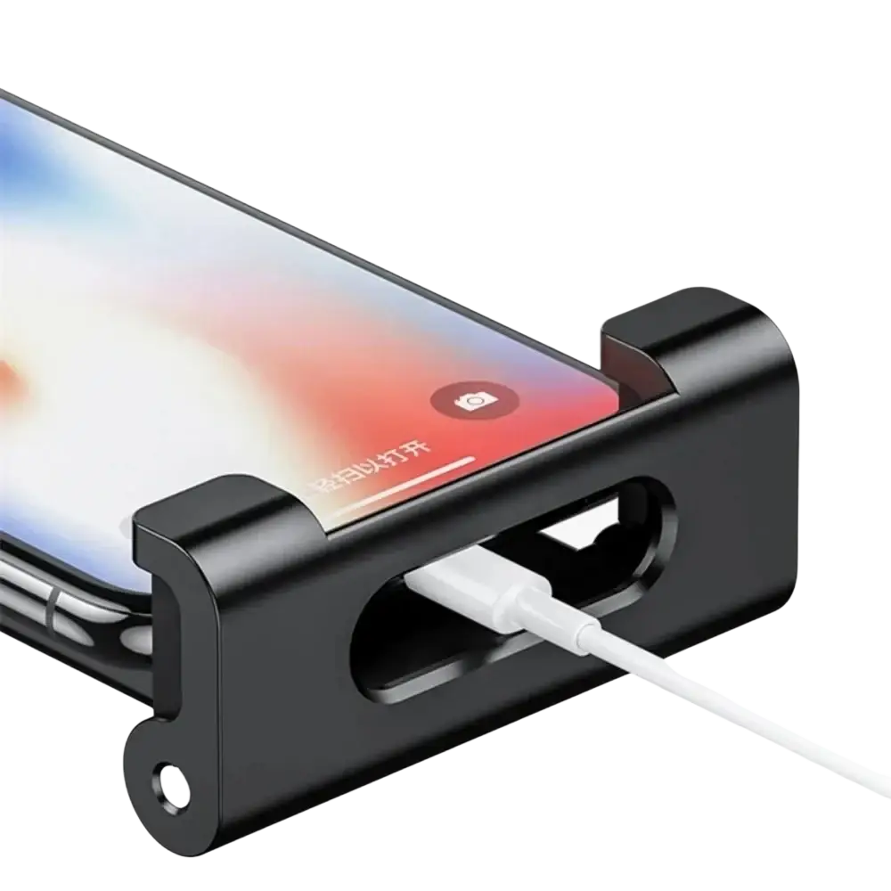 Black metal phone charging stand with white usb cable plugged in side port for car headrest tablet mount holder
