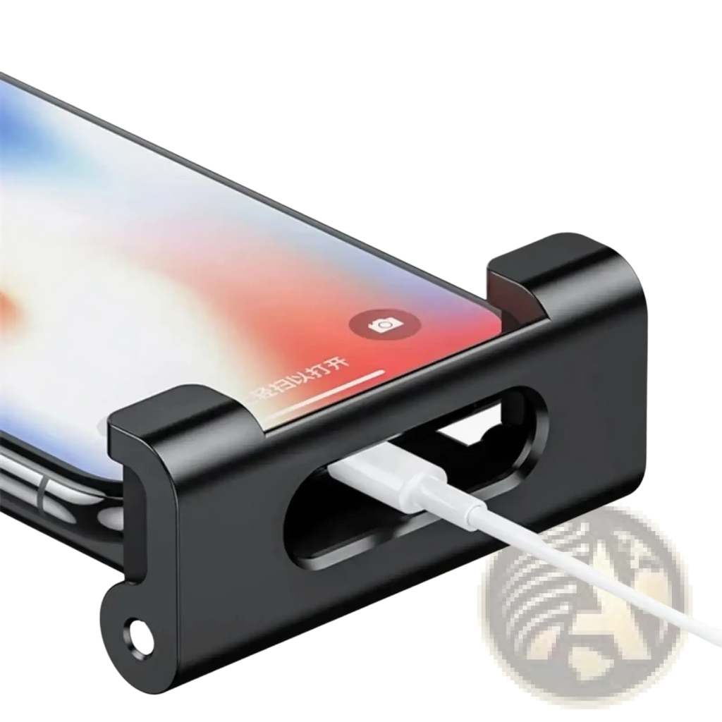 Black metal phone charging stand with white usb cable plugged in side port for car headrest tablet mount holder