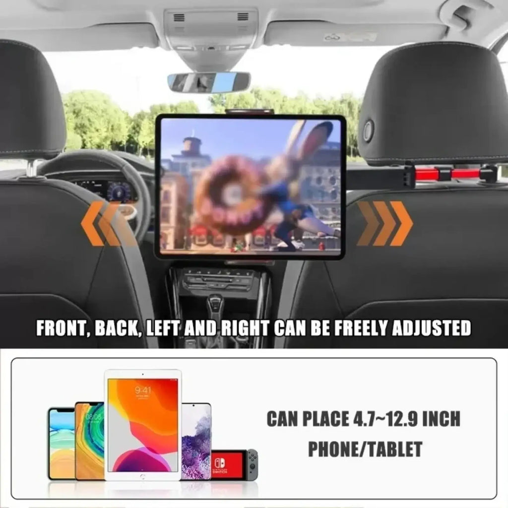 Black car headrest tablet mount holder with adjustable arms for phones and tablets displaying animated character