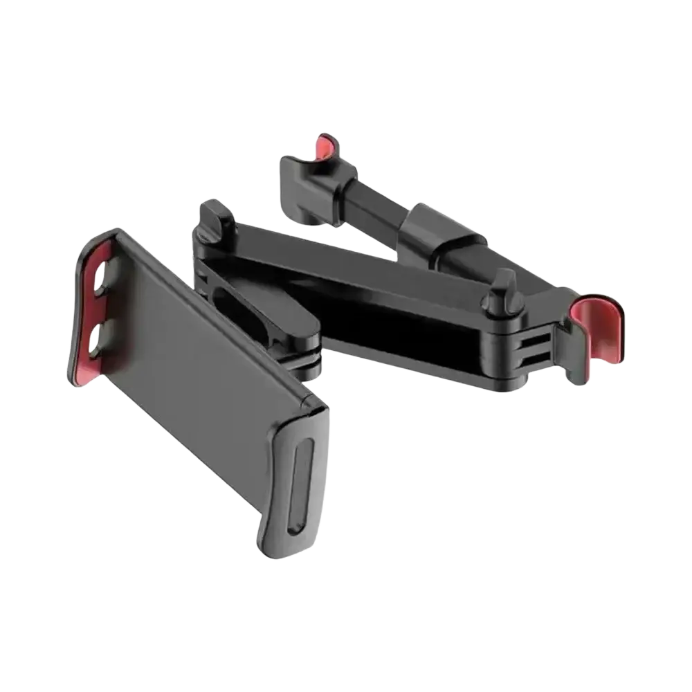Black and red adjustable car headrest tablet mount holder with sleek foldable design for secure device attachment