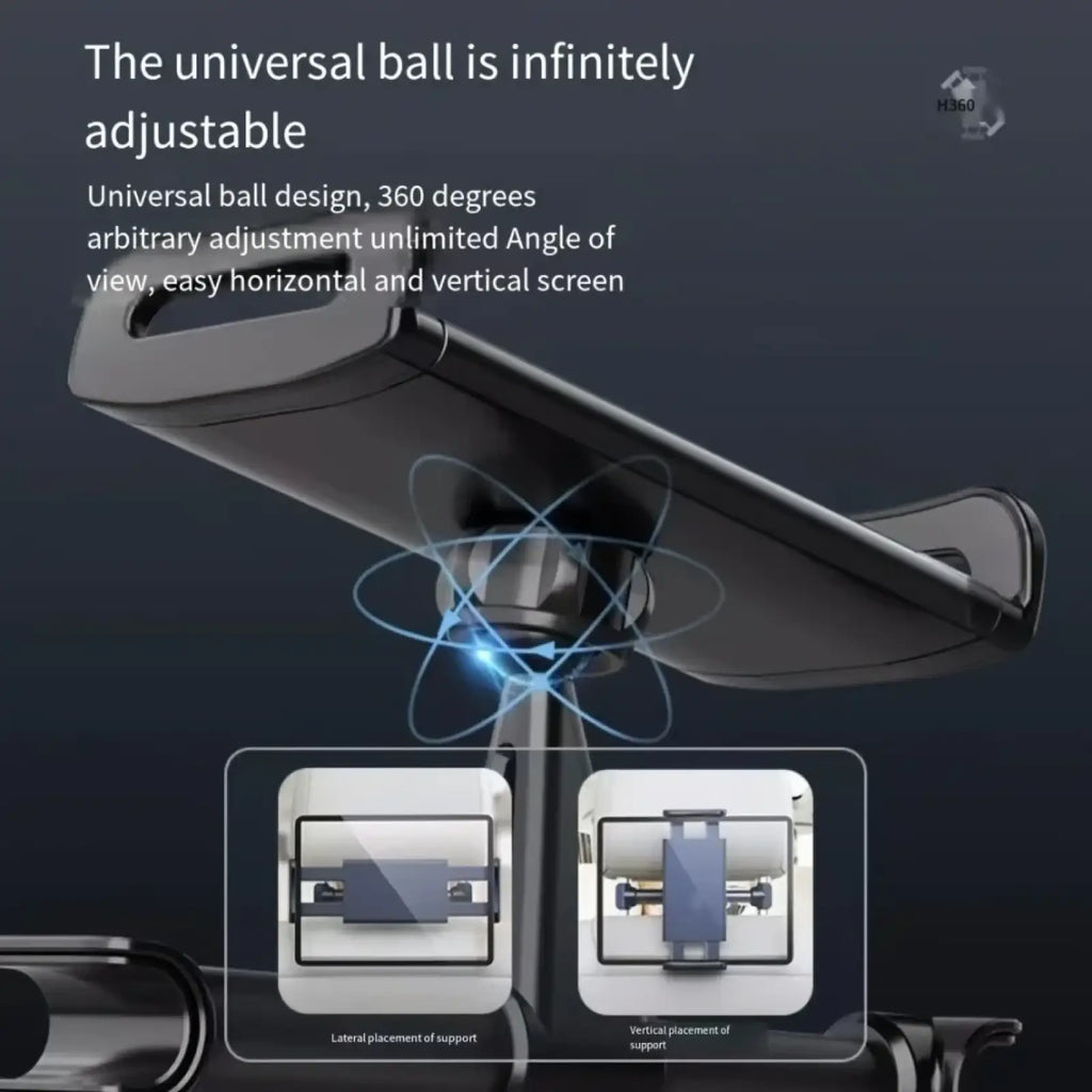 Black universal ball phone mount with adjustable 360-degree rotation for flexible screen positioning in car headrest tablet holder