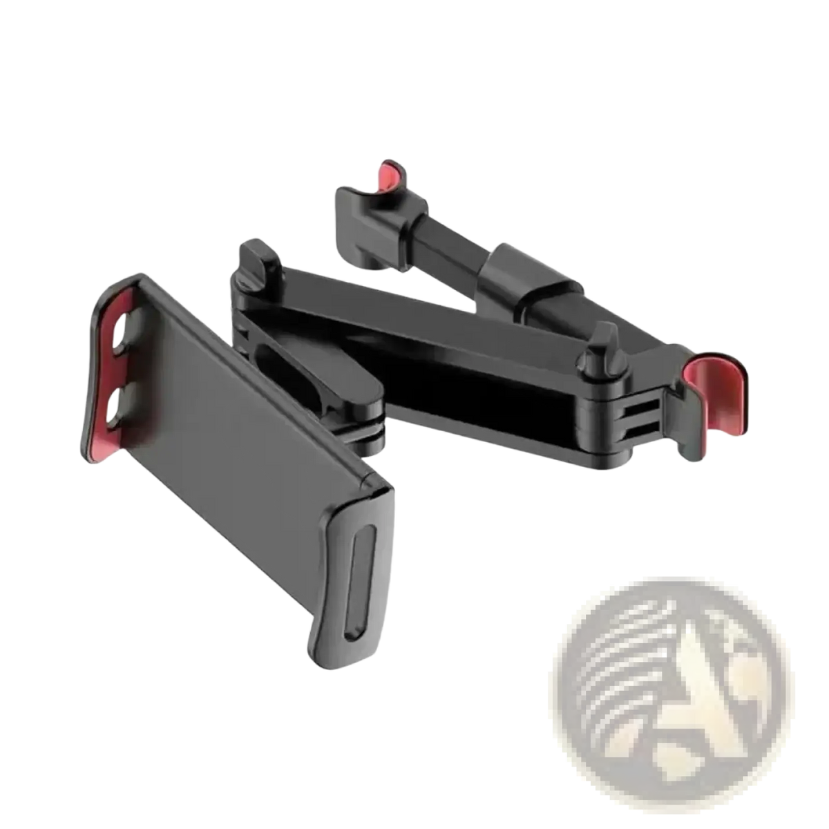Black and red adjustable car headrest tablet mount holder with sleek foldable design for secure device attachment