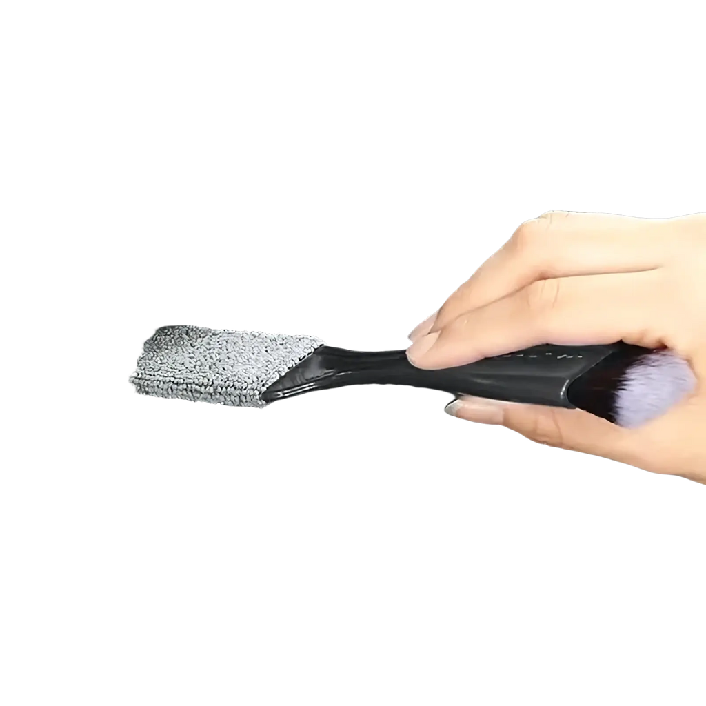 Car interior detailing brush with black handle gray microfiber head and soft purple bristles for cleaning and dusting