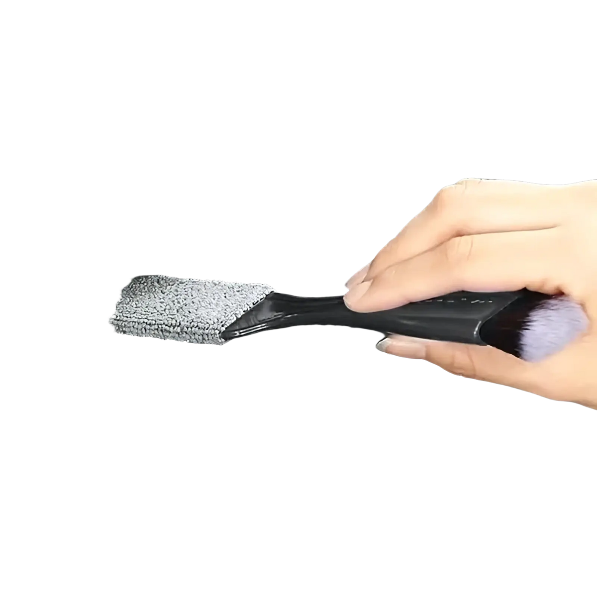 Car interior detailing brush with black handle gray microfiber head and soft purple bristles for cleaning and dusting
