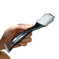 Black-handled car interior detailing brush with dual-sided bristles and gray microfiber cloth attachment for cleaning vents