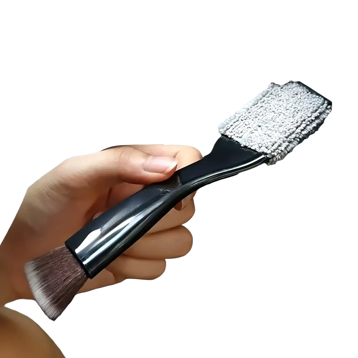 Black-handled car interior detailing brush with dual-sided bristles and gray microfiber cloth attachment for cleaning vents