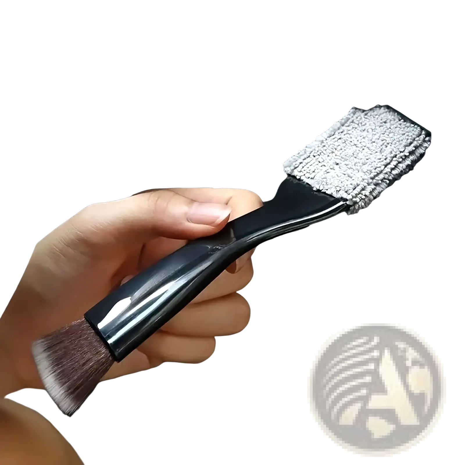 Black-handled car interior detailing brush with dual-ended bristles and gray microfiber cloth attachment for cleaning vents
