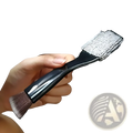 Black-handled car interior detailing brush with dual-sided bristles and gray microfiber cloth attachment for cleaning vents