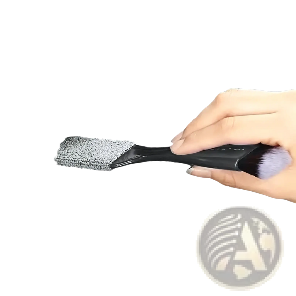 Car interior detailing brush with black handle gray microfiber head and soft purple bristles for cleaning and dusting
