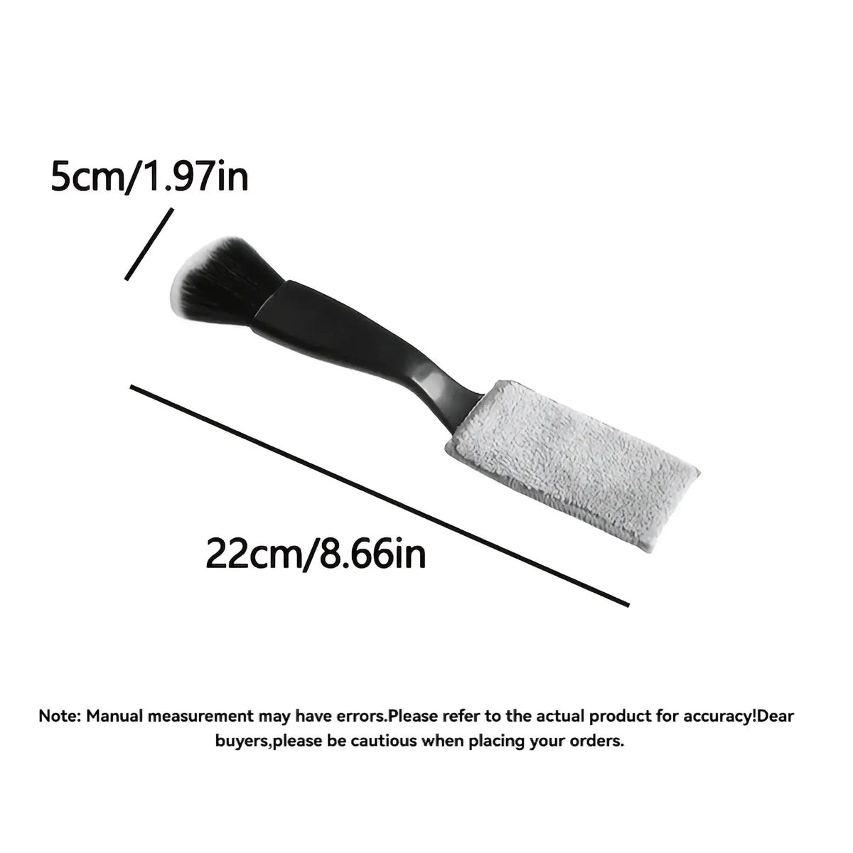 Black-handled car interior detailing brush with soft dense bristles and attached gray microfiber cleaning cloth
