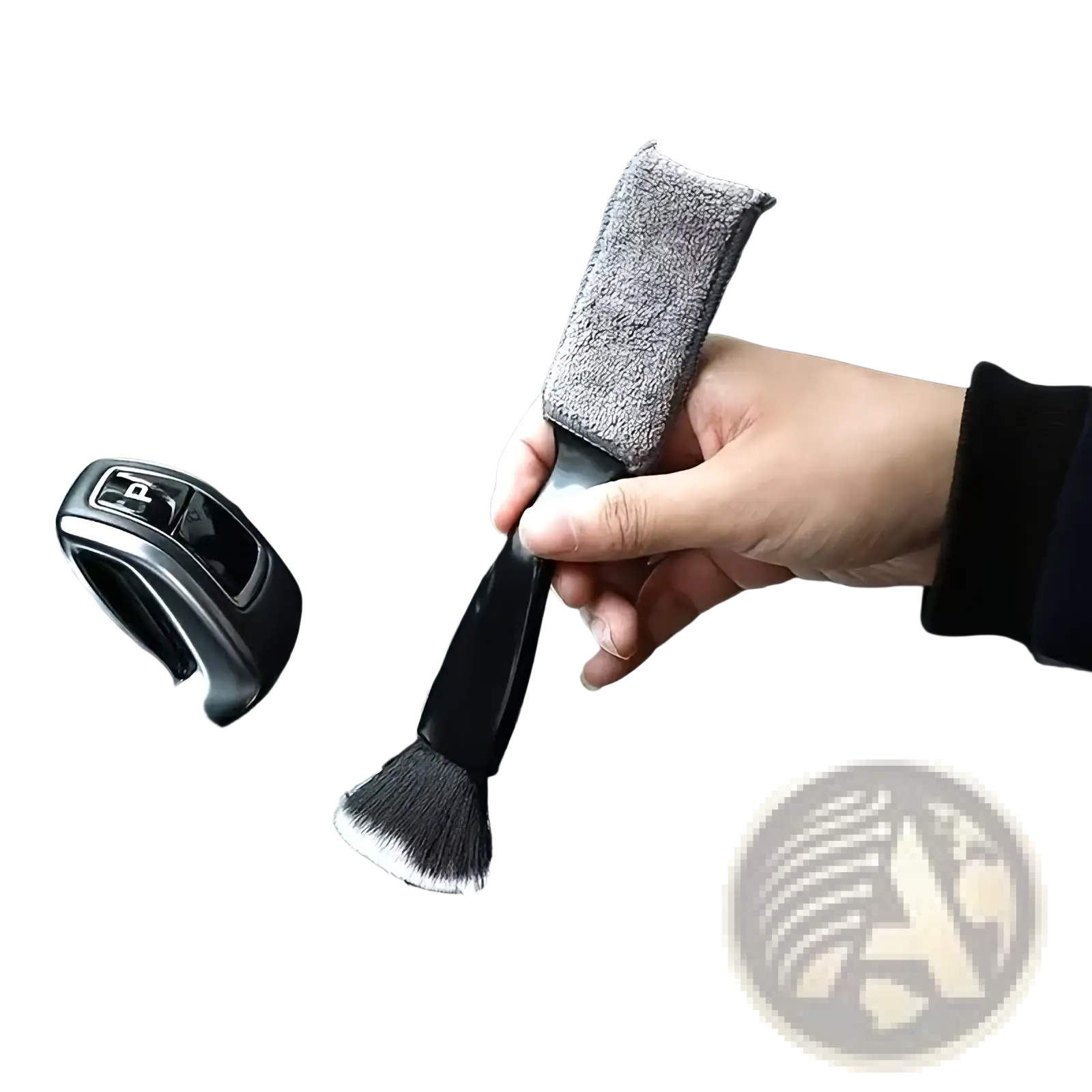 Car interior detailing brush with black handle soft bristles and gray microfiber cloth sleeve for cleaning