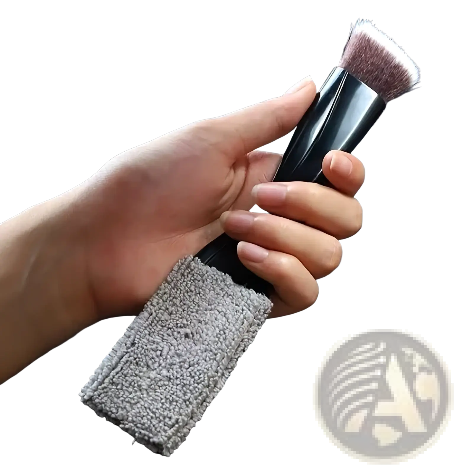 Black car interior detailing brush with gray microfiber cleaning strap attached to handle for precise cleaning
